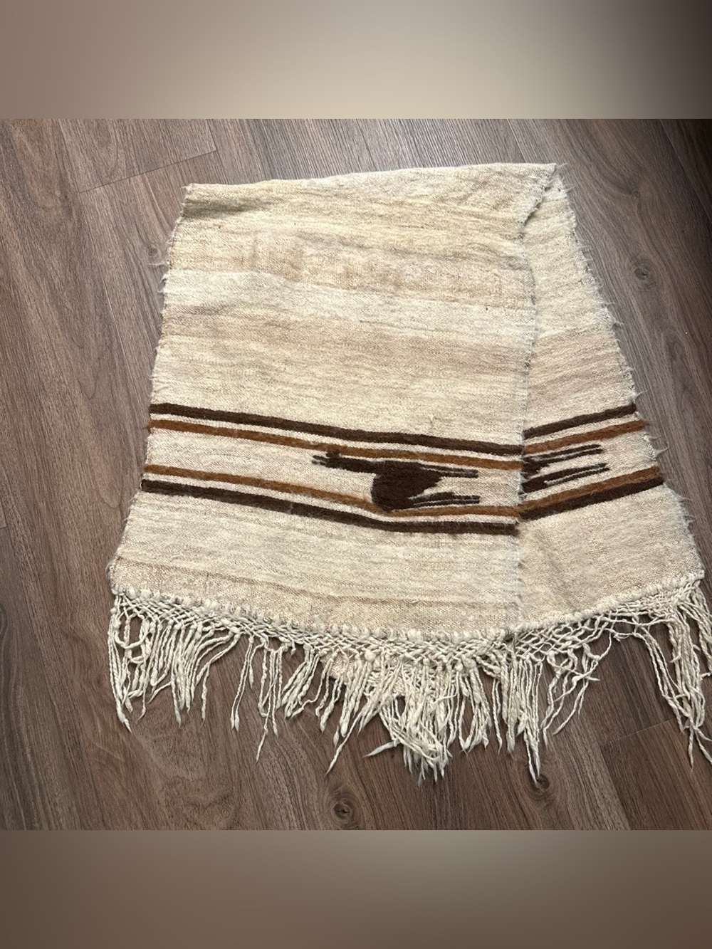 Vintage Andean Handwoven Boho Fringe Throw or wrap with Brown Stripe Accent